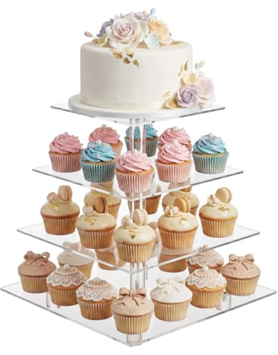 4 Tier Cupcake Stand, Square Acrylic Cake Display Stand, Reusable Transparent Cake Dessert Holder, for Wedding, Party,Birthday,Shower, Halloween,Christmas (Transparent - Square)