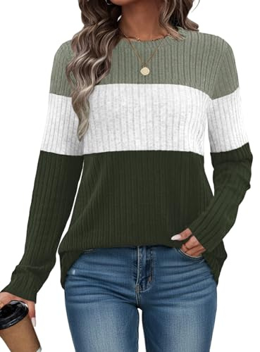 Cuptacc Jersey Mujer Elegante Cuello Redondo Manga Larga Suéter Mujer Acanalado Suelta Bloques De Color Sudaderas