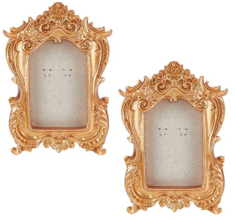 DELORIGIN 2 mini marcos dorados 3 x 4 pequeños marcos vintage de resina rectangular barroco antiguo marco de fotos para la decoración de la mesa del hogar decoración de pared de boda