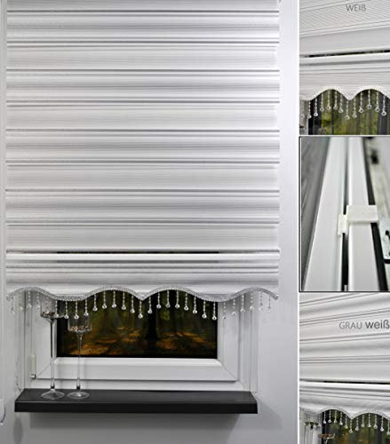 Storperde24 Doppelrollo Duorollo Klemmfix Duo Rollo ohne Bohren Seitenzug mit Klemmträger Perlen Tür Fenster weiß grau (Weiß, 130 x 200 cm)