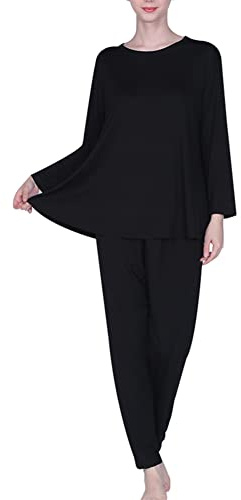 amropi Pigiama Donna Oversize Set da Pigiami Manica Lunga Maglietta e Pantaloni Camicia da Notte Nero,3XL