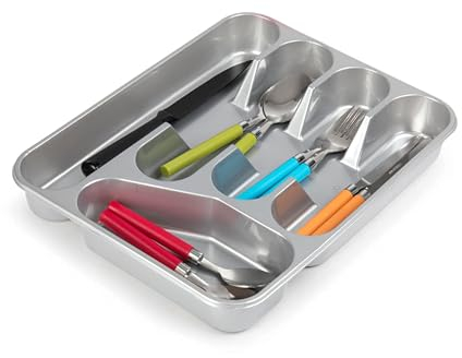 PLASTIFIC Large CUTLERY TRAY Flatware Organiser Strong Plastic Drawer Sliding Tidy Rack Holder Drawer Insert Tidy Storage, 33.5 x 26.5 x 4.5 cm - Solid Base, Silver