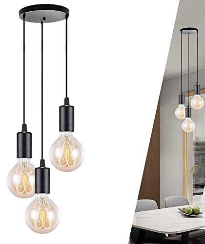Moderne Lampe Suspension 3 Douille E27 Lampe Suspendue DIY Rétro Industrielle Luminaire Lustre Réglable Lampes de Plafond pour Maison Cuisine Chambre Salon Salle à manger, Noir