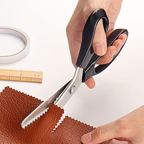 Hollylife Pinking Scissors 9.2 Professional Dressmaking Scissors for Fabri Crafts Zig Zag Sewing Cut Stainless Steel for Leather, Cotton, Paper, Serated Fabric -Black