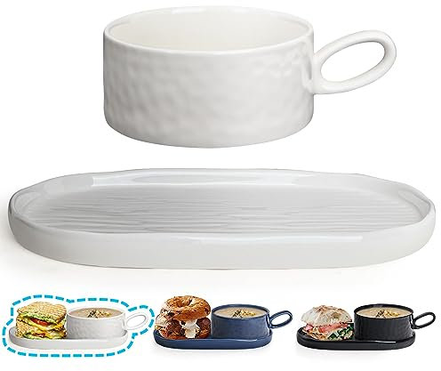 Wareland Soup Bowl with Handle & Salad Plate, 18oz Soup Mug/Cup for Cereal, Ceramic Pasta Plate for Appetizer, Dessert, Rice, Dishwasher & Microwave Safe, Cream White