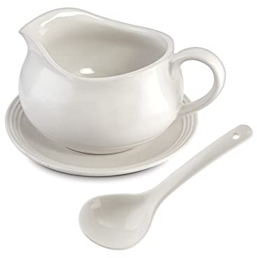 Zenvy Salsiera da 680 ml, vassoio e mestolo | Salsiera in ceramica bianca