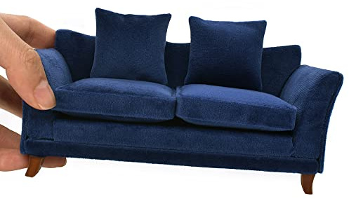 iLAND Modern Dollhouse Furniture on 1/12 Scale of Miniature Sofa for Dollhouse Living Room (Dark Blue Velvet)