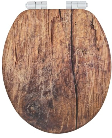 WENKO WC-Sitz Rustic, Toilettensitz aus FSC-zertifiziertem MDF mit Easy-Close Absenkautomatik und Fix-Clip Hygienebefestigung, 35,5 x 42,5 cm, foliert und feuchtigkeitsresistent, Holz-Optik in Braun