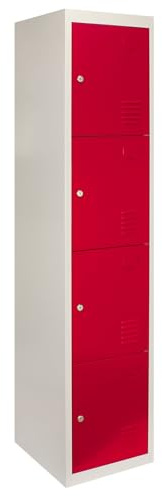 Monster Shop Metal Lockers 4 Door Storage, Flatpack Red & Grey Metal Lockable Unit, School Staff Gym Changing