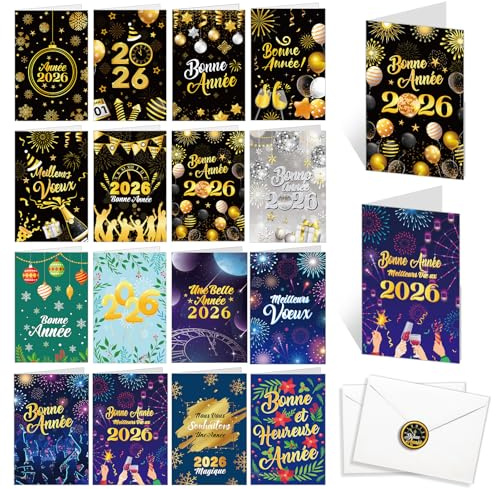 DPKOW Français Nouvel An 2026 Cartes de Vœux avec Enveloppe, 16 Différentes Bonne Année Cartes Meilleur Voeux Nouvel an Postales Cartes pour Parents Amis Collègues Voisins Professeur