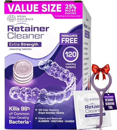 Weiss Naturals Retainer Cleaner Tablets, Invisalign Cleaner, Remove Stains, Odors & Plaque, PERSULFATE FREE Night Guard & Denture Cleaner 4-Month Supply, 120 Grape Scented Tablets