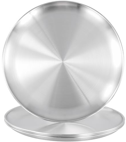 JIAYUET 4 PCS 12 Inch Pizza Baking Tray, Stainless Steel Plate, 30cm Silver Non Stick Oven Metal Round Pan, Dishwasher Safe