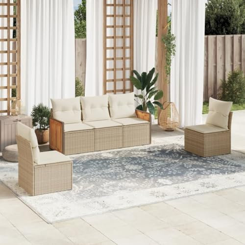 Rantry 5-TLG. Gartenmöbel Set mit Kissen Gartensofa Balkonmöbel Loungesofa Gartenlounge Rattansofa Modular Ecksofa Ecklounge Sofagarnitur Sitzgruppe Loungemöbel Beige Poly Rattan
