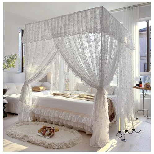 Vnook 4 Corners Post Princess Canopy Bed Curtains Mosquito Net Bed Drapes Play Tents Room Decoration for Indoor Outdoor(White,150x200cm)