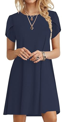 PLOKNRD Robe D'été Femme Manches Pétales T Shirt Robe A-Line Casual Robe col Rond Décontractée Chic et Elegant Robes(Bleu Marine,L