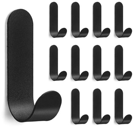 DENUOTOP 12 ganchos adhesivos, ganchos autoadhesivos, ganchos de pared de acero inoxidable, sin taladrar, ganchos para toallas de baño, cocina, ganchos para pegar (blanco, 12 unidades) (negro)