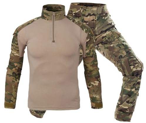 Oanviso Homme 2 Pièces Tactique de Camouflage Costume Vêtements Tactique Uniforme Militaire Tenue Airsoft Chemise de Combat et Camouflage Cargo Pantalon pour Paintball
