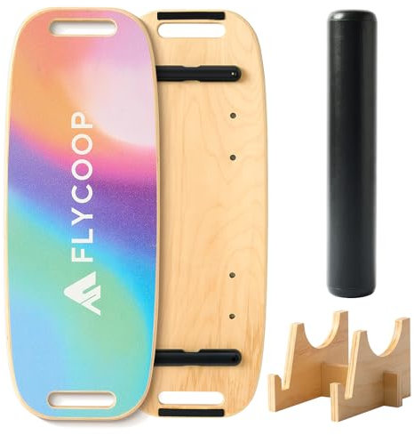 Balance Board, Flycoop Balance Board Erwachsene Balancierbrett Holz Indoorboard Surf Skateboard Indoor Surfboard Trickboard Gleichgewichtsboard inkl. Rolle, Halterung (Regenbogenfarben)