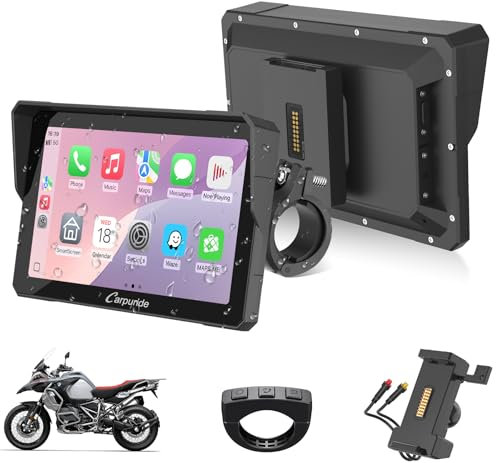 CARPURIDE W702S Motorcycle Carplay Screen with BM05 Mount for Plug-and-Play, Wireless CarPlay and Android Auto, Portable 7 Inch Waterproof Touchscreen, Bluetooth Trans, Wired Controller, Navigation.