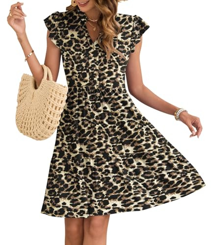 AUSELILY Damsommarklänning, V-ringade klänningar, volangärmar, miniklänning, elastisk midja, fritidsklänning med fickor, Brun leopard, M