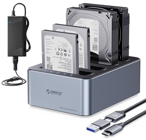 ORICO 4 Bay Hard Drive Enclosure USB 3.2 Gen 1 for SATA 2.5/3.5 Inch SSD/HDD up to 4 x 20 TB, Aluminium Clone HDD Docking Station, Offline Cloning, 12V/6.5A Power Supply (6646C3-C)