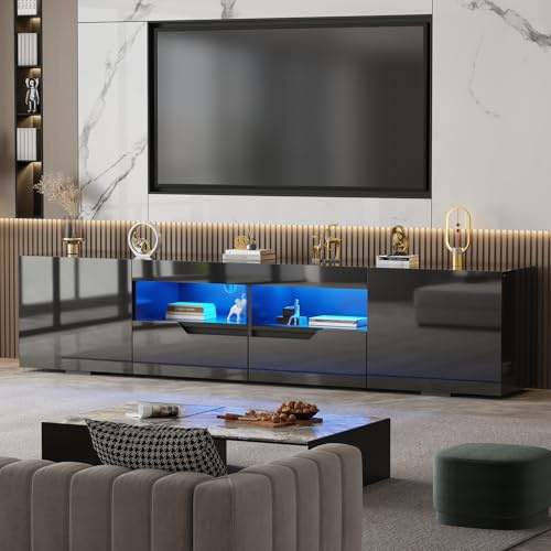 BSTSEL 200CM White/Black High Gloss TV Stand Cabinet Entertainment Unit with LED Lights Free Standing TV Cabinet with Storage for Living Room up to 75 TV (Black High Gloss)