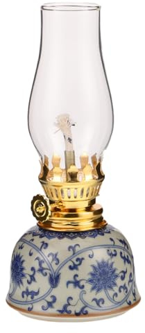 Healifty Blue and White Porcelain Oil Lamp Ceramic Table Lamp for Home Decoration Vintage Lighting Decor for Camping Meditation Reading Tea Room and Holiday Gift