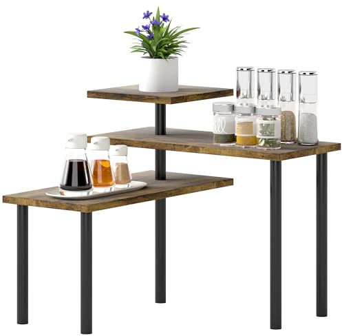 HOMCOM Étagère de Cuisine rotative à 3 Niveaux, étagère d'angle Moderne, Cadre en métal, étagère de Rangement pour Cuisine, Brun Rustique