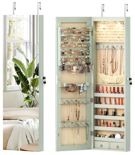 COSTWAY Armoire à Bijoux Mural avec Miroir et Lumière LED Armoire de Rangement Accrochée à La Porte 120 x 36 x 10 cm (Vert Clair)