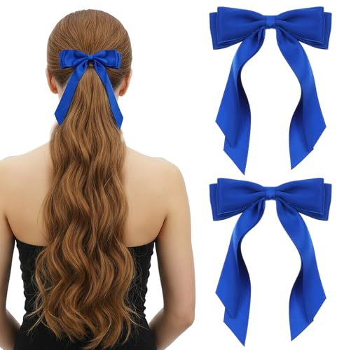 Matwsec 2PCS Blue Hair Bow Royal Blue Bows Clip With Ribbon Tails