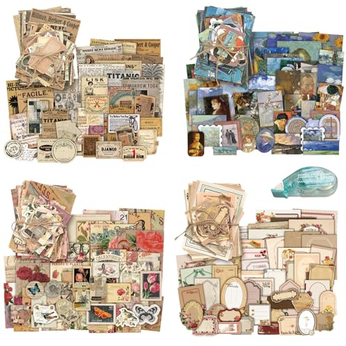 DiiWmme 400 Sheets Vintage Scrapbook Paper Kit with Glue Tape, Junk Journal Supplies for Scrapbooking, Card Making, DIY Collage Art, Mixed Media, Gift Wrapping with Aesthetic Designs (Retro)