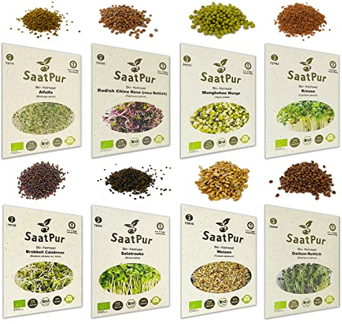 SaatPur® Saatgut Bio-Keimsprossen Sortiment 8er Set, hohe Keimkraft, Micro-Greens für vitaminreiche, vegane Ernährung, Keimsaat Sprossen Samen mikrobiologisch untersucht, Graspapier-Verpackung