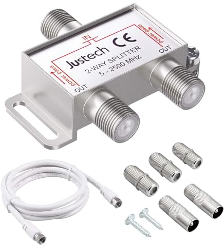Justech 2-Fach TV Radio F-Stecker Adapter Kabel Antennen Verteiler SAT Splitter Metall TV-Verteiler inkl. Adapter + Kabel + 2 x F Stecker auf Koax Stecker + 3 x F Buchse auf Koax Kupplung