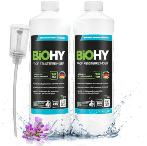 BiOHY Professionell fönsterrengöring (2 x 1l flaska) + doser | Koncentrat av glasrengörare, perfekt för alla FÖNSTERVAKUUM, Kärcher, Leifheit, etc. (Fensterreiniger)
