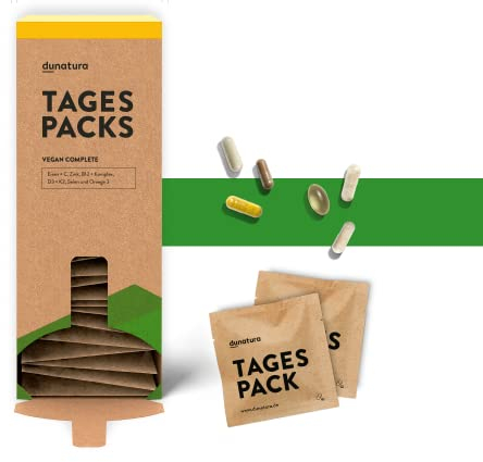 dunatura Tagespacks Vegan Complete – 28 vegane Tagesportionen – Hochdosierte Mikronährstoffe für vegane Ernährung – Vitamin B12, D3+K2, Eisen, Zink, Selen, Omega-3 aus Algenöl – Ohne Zusatzstoffe