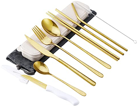 hecef Cubiertos para Camping de Acero Inoxidable, Porta Cubiertos para llevar al Trabajo 10 piezas, Juego de Cubiertos con Estuche Cubiertos y Bolsa, ideal para viajes y acampada y Trabajo(Dorados)