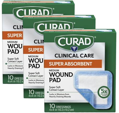Curad Super Absorbent Wound Pad, Medium, 4 x 4, 10 Count, 3 Pack