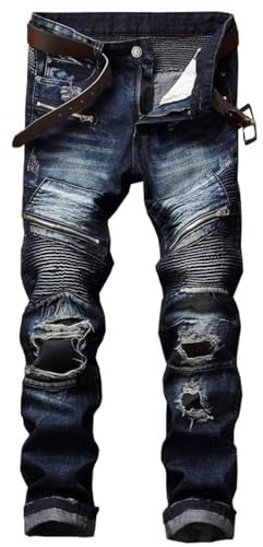 AITITIA Men's Biker Zipper Deco Washed Straight Fit Jeans, Blue Black, 34