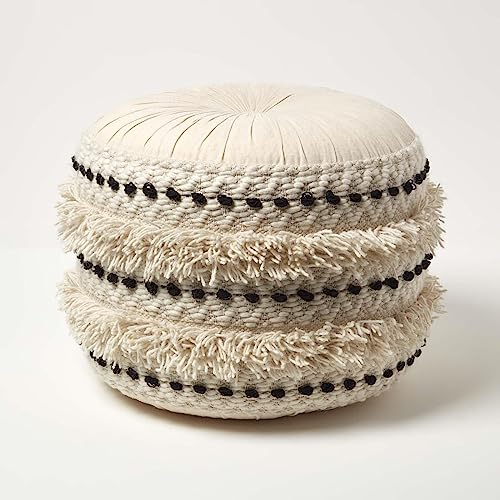 Homescapes Sahara Boho-Pouf schwarz-weiß 50x40 cm, Sitzpouf rund mit Sitzsack-Füllung, Pouf Hocker Makramee