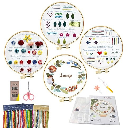 Kikuo Kit da Ricamo per Principianti - 4 Pezzi Set con Schemi Floreali, Cerchio e Descrizione - per Appassionati