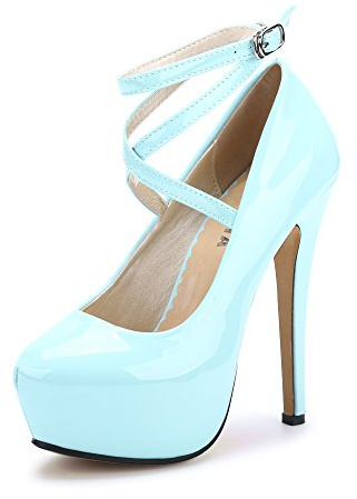 OCHENTA Women's Ankle Strap Platform Pumps 5.5 High Heeled Sexy Party Dress Stiletto Heels PU Sky Blue 44 - US 11