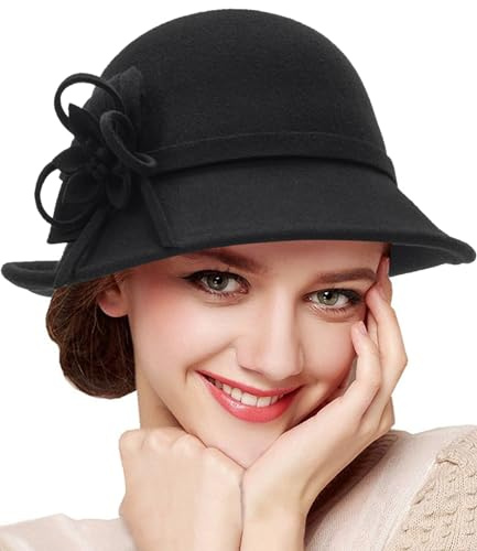 Chapeau cloche en laine pour femmes années 1920 Gatsby Chapeau en feutre d'hiver Chapeau melon vintage avec nœud (M/L), Noir avec fleur., M