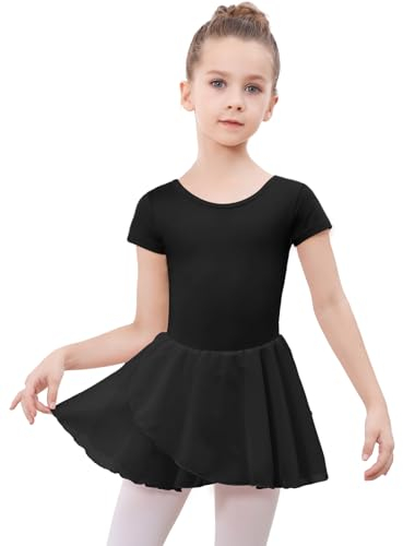 DGSHIRLDJO Kinder Ballettkleidung Mädchen Kurzarm Baumwolle Ballettkleid Balletttrikot Tanzkleid Tanzbody mit Chiffon Rock Tütü (DE/NL/SE/PL, Numerisch, 140, Regular,schwarz)
