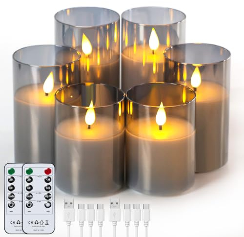 Forever Speed 6 Pezzi Vetro Grigio Candele LED Ricaricabili con Timer, Dimmerabile Candele Senza Fiamma con Cavo USB Flameless Candele per Decorazione per Feste, Campeggio, Matrimonio, Regali