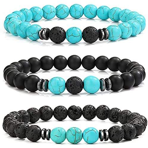 8 mm Perlenarmbänder Set, 3 pcs Perlenarmband Herren mit Schwarzen Lavastein, Naturstein Yoga Perlen Elastische Armbänder Verstellbares Herren Armbänder Set Geschenke für Männer (Türkis)