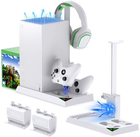 Charging Stand with Cooling Fan for Xbox Series X Console & Controller,Vertical Dual Charger Station Dock Accessories with 2 x 1400mAh Rechargeable Battery & Cover,Headset Stand &10 Game Slots