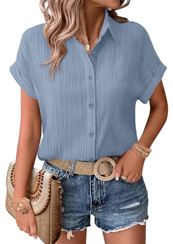 Zeagoo Camisa casual de manga corta con botones para mujer, cuello estructurado, blusa de trabajo de verano, azul claro, L
