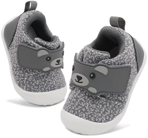 JOINFREE Baby Walking Wide Shoes Infant Boys Girls Breathable Barefoot Shoes Crib Tennis Shoes Lightweight Non-Slip Sneakers First Walkers Grey 12-18Months