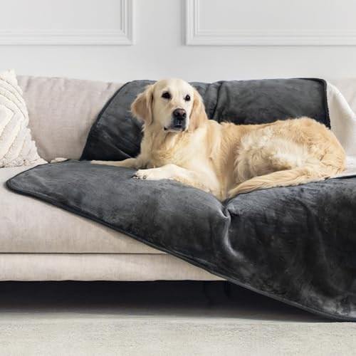 Dreamzie - wasserdichte Decke 127x152 cm - Hundedecke Sofa und Bett - Reversible Decke Wasserdicht aus Sherpa-Fleece – Waschbar – Dunkelgrau