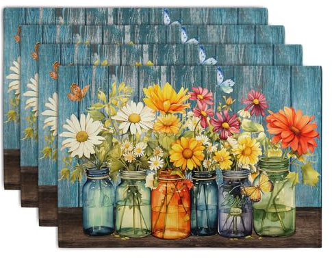 Rustic Daisy Placemats Set of 4 Vintage Flower Vases Wood Grain Linen Table Mats 12x18 Inch Summer Floral Wooden Board Farmhouse Washable Place Mat for Party Kitchen Dining Outdoor Indoor Decor